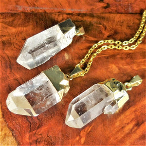 Quartz Crystal Point Pendant (Gold Plated) Raw Gemstone Necklace Jewelry Charm Supply