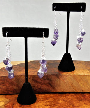 Long Amethyst Crystal Point Earrings Pair Silver Plated Dangle Jewelry (LR54) Healing Crystals And Stones