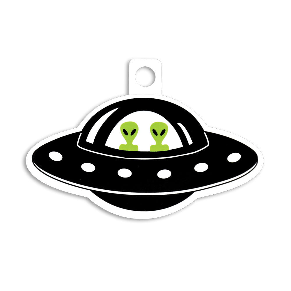 Alien Twins in Flying Saucer Spaceship Sticker- 4.5" x 2.25"