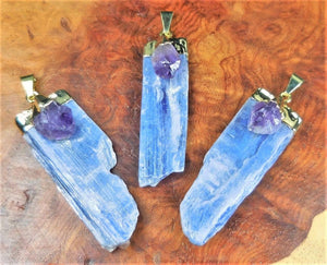 Kyanite Amethyst Crystal Point Pendant Gold Plated Necklace Charm Healing Crystals and Stones Jewelry