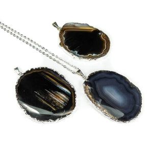 Agate Slice Necklace Pendant (Black)(Silver Edges) Natural Geode Slice Jewelry