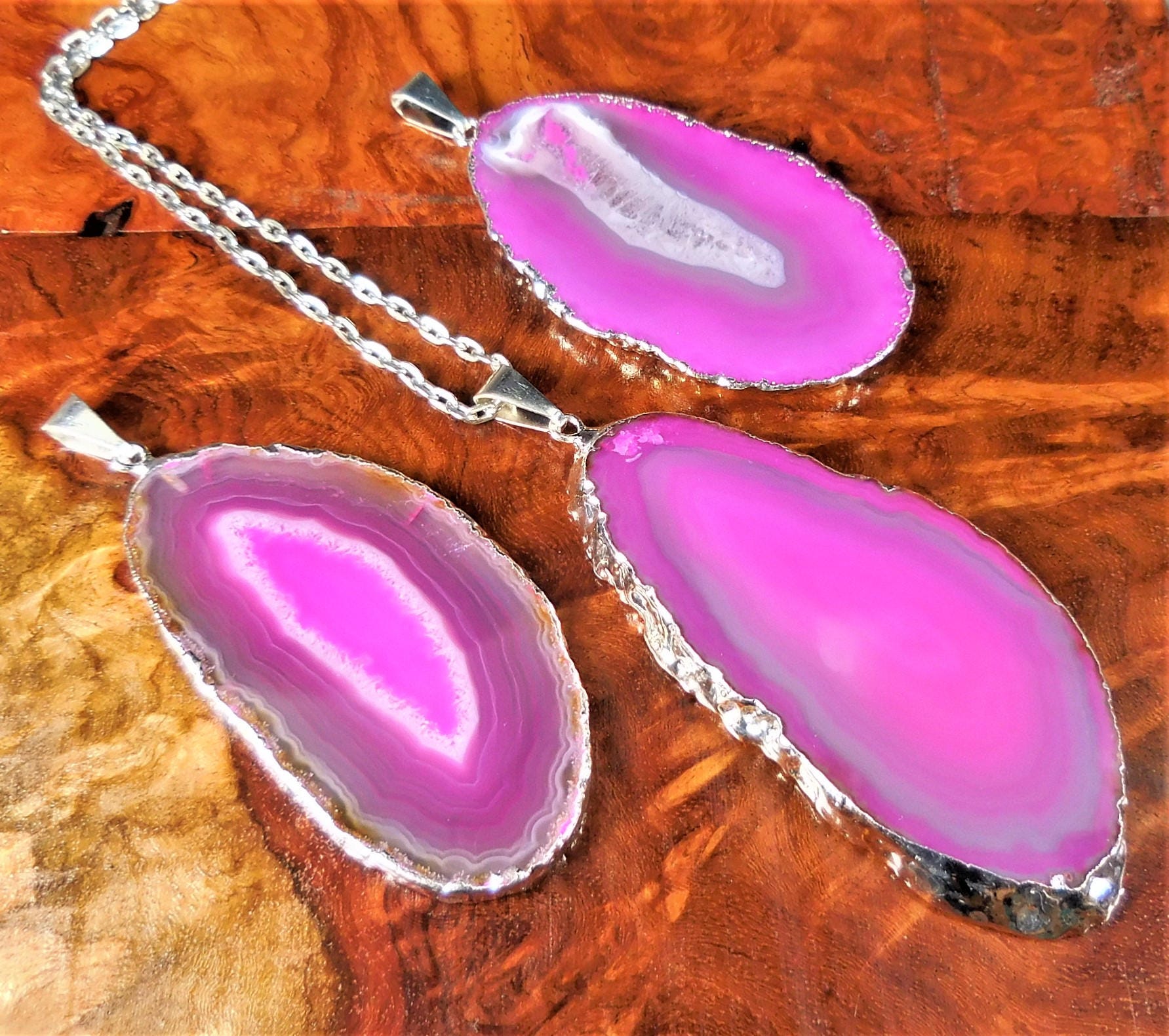 Pink Agate Slice Pendant (Silver Plated Edges) Polished Geode Slice Jewelry