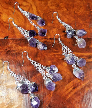 Long Amethyst Crystal Point Earrings Pair Silver Plated Dangle Jewelry (LR54) Healing Crystals And Stones