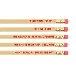 EXISTENTIAL CRISIS Pencil Set | 5 Cedar Pencils | Cream with Blood-Red Foil Stamping by The Bullish Store