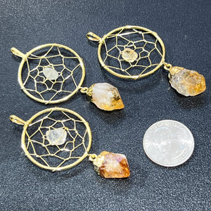 Dreamcatcher Pendant (Citrine Crystal Point)(Gold Plated) Gemstone Jewelry Necklace Supply