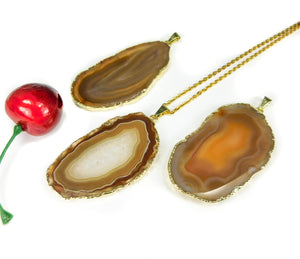 Natural Brown Agate Slice Pendant (Gold Plated Edges) Gemstone Jewelry Necklace Supply