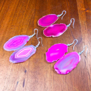 Pink Agate Slice Earrings Silver Hooks