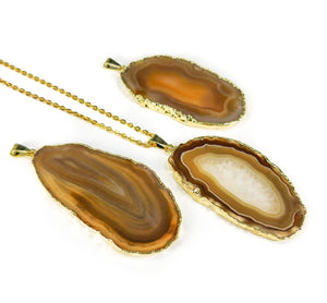 Natural Brown Agate Slice Pendant (Gold Plated Edges) Gemstone Jewelry Necklace Supply