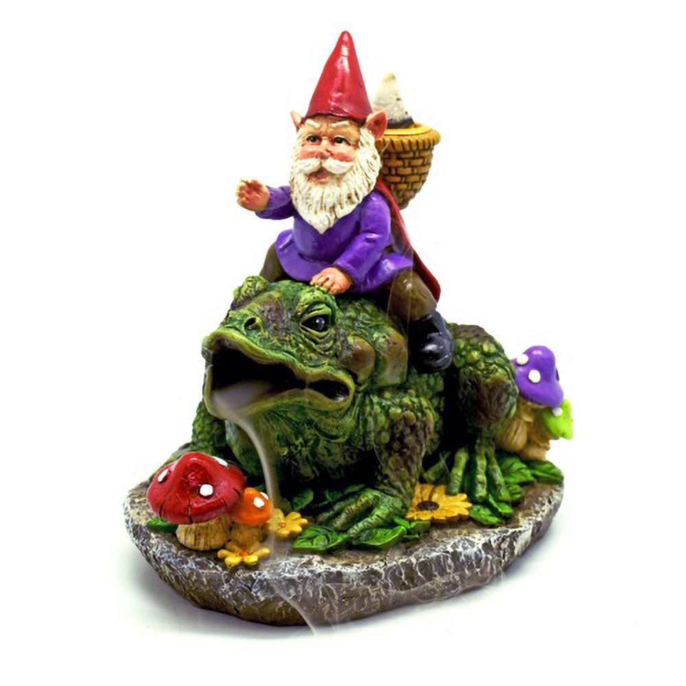 Gnome Riding Frog Backflow Incense Burner - 5.5"