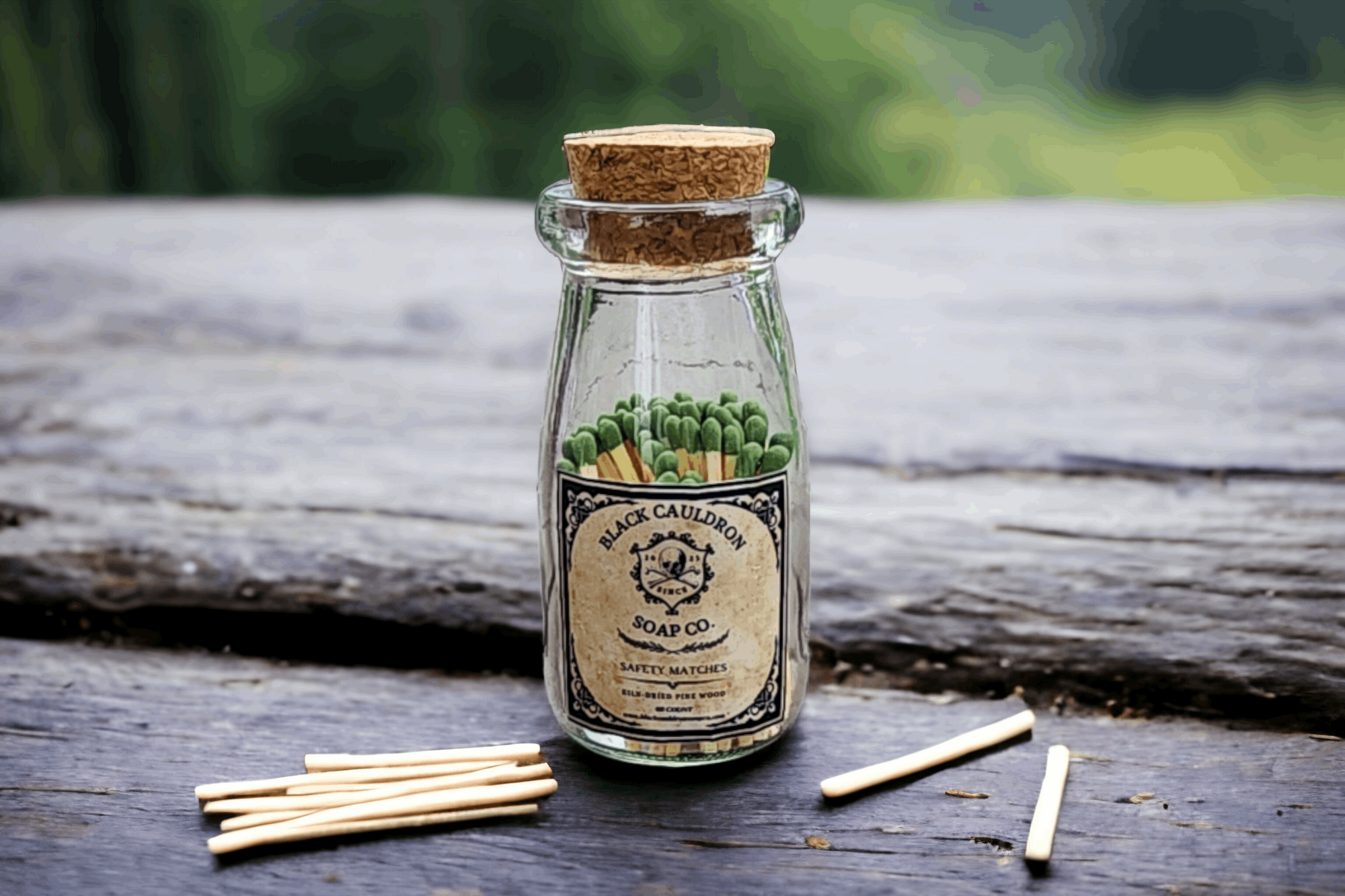 Apothecary matches in a glass tincture bottle with cork top firestarter fireplace rustic black cauldron