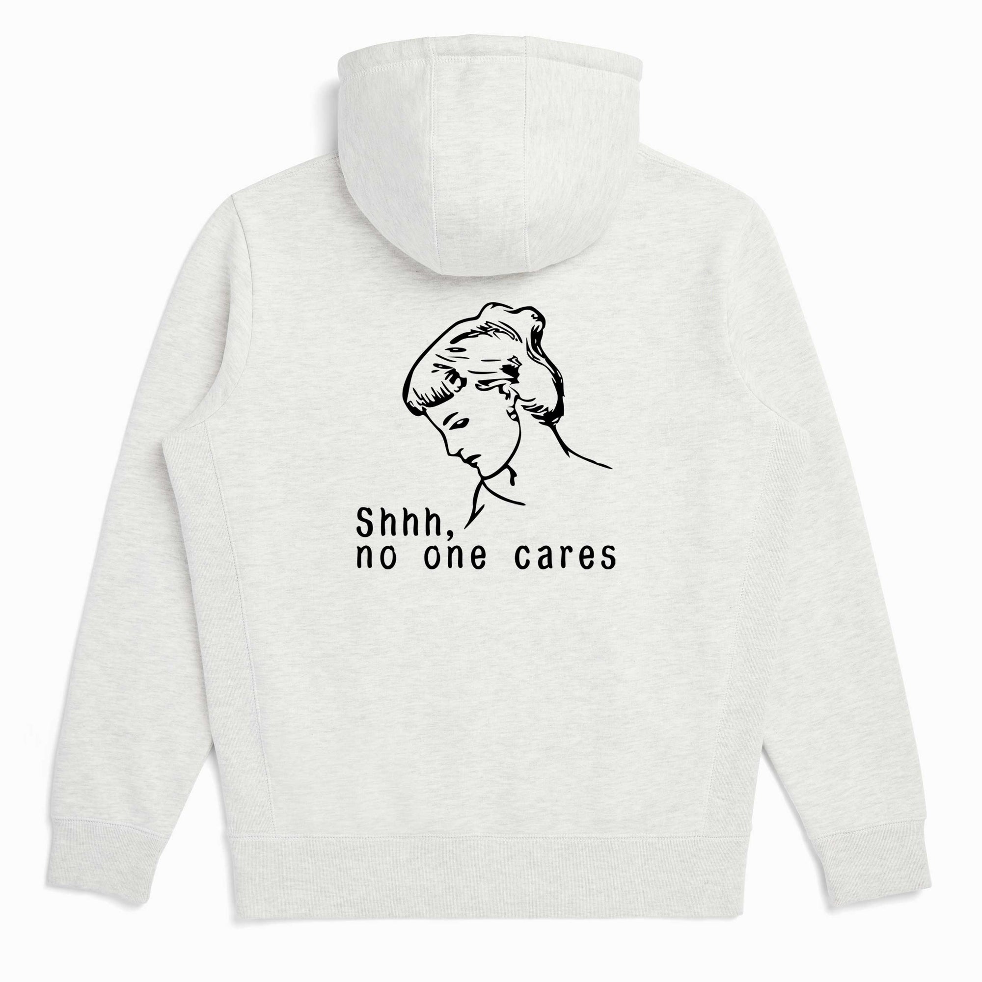 Shhh, No One Cares Organic Cotton Ash Heather Fair Trade Unisex Zip Up Hoodie