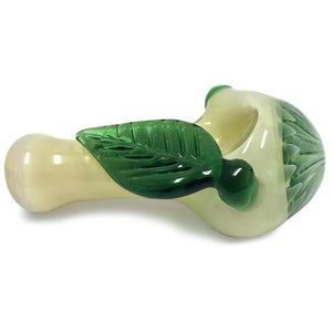 Cream Glass Handpipe with Green Leaf